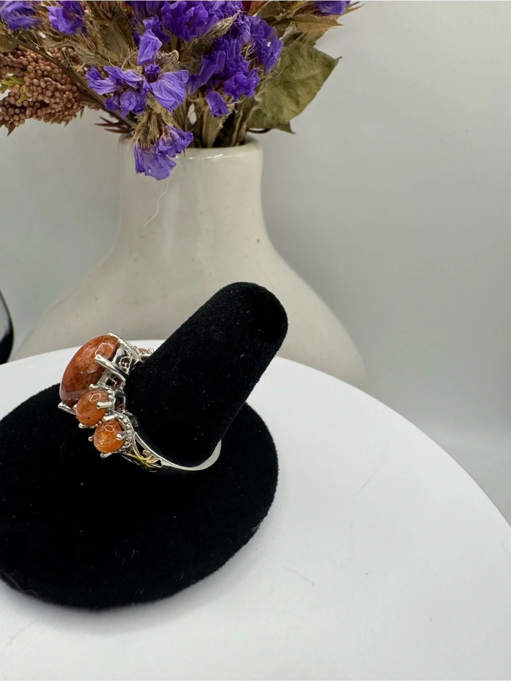 Sunstone Cabochon Multi-Stone Sterling Silver Cocktail Ring (Size 9)